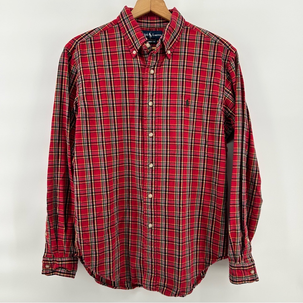 Ralph Lauren Plaid Shirt Mens Medium Red Button Down Green Pony Logo